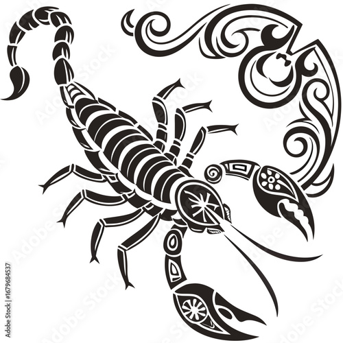 Black and white scorpion illustration.