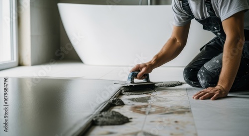 Side angle of a craftsman carefully trowelling microcement over bathroom floor tiles blending edges for a continuous surface effect. © DigitalSpace