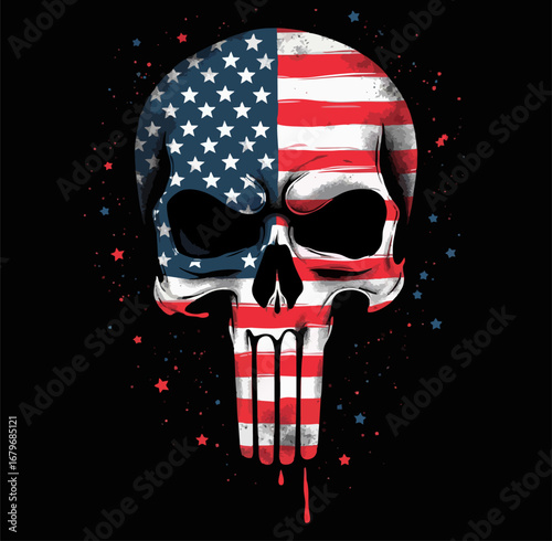 Biker vector t-shirt design with human skull
with usa flag mask on black background.
Fashionable print for fabric, paper, men clothing,
hoodie, jacket. American t shirt template.