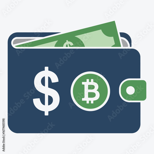 Vector art of a wallet with dollar and bitcoin symbols and cash