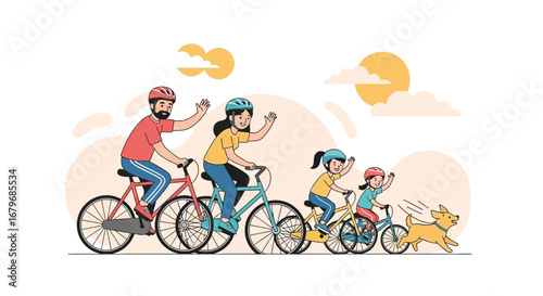 Family Cycling Expedition: Joyful Adventure and Healthy Recreation with Pets Amidst Sunny Skies