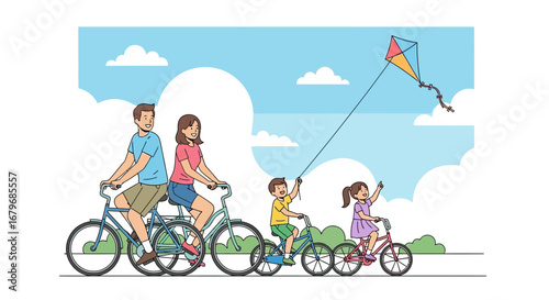 Family Cycling Together and Flying Kite In A Pleasant Atmosphere with Blue Sky