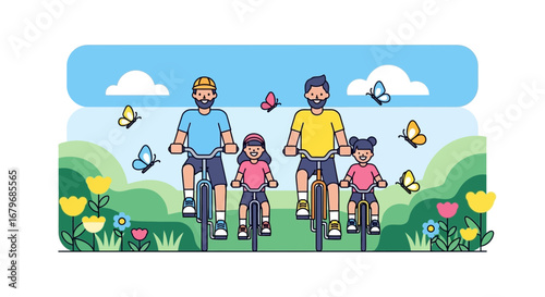 Family cycling together in a park enjoying the nature, butterflies, and blue sky