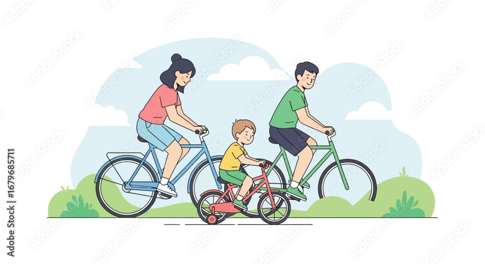 Naklejka premium Family enjoying a bicycle ride together in the park during a sunny day