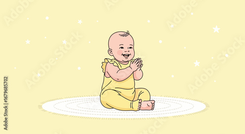 Enchanting Infant Clapping Hands While Sitting On A Soft Mat With A Cheerful Disposition