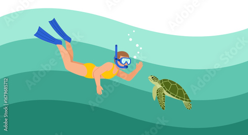 Encounter Between Scuba Diver And Oceanic Turtle In A Tropical Marine Environment