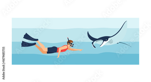 Encountering Marine Life, A Diver's Approach Towards Manta Ray, Peaceful Underwater Scene