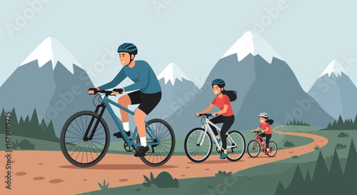 Family enjoying a bike ride on a mountain path in the beautiful natural environment