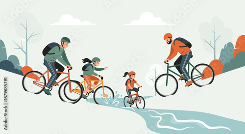 Family enjoying a bike ride through a park on a sunny day outdoors together