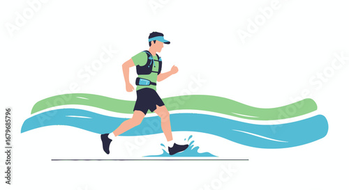 Energetic Athlete Engaged In Trail Running Across A Watery Course In The Outdoors