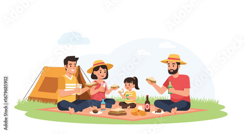 Family Enjoying An Al Fresco Meal At A Campsite During Nice Weather Outdoors Activities