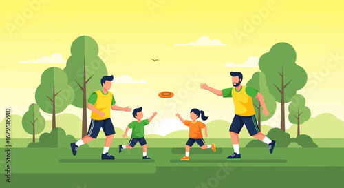 Family enjoying a sunny day in the park throwing a frisbee together for recreation
