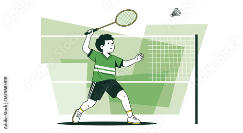 Energetic Badminton Player During Competition on a Green Background Illustration