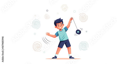 Energetic Boy Having Fun Playing With The Elegant Yo-Yo Against A White Background