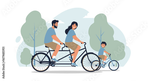 Family Enjoying Bicycle Ride Together In Park During Sunny Day Illustration