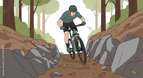 Energetic Bicyclist Navigating Rocky Terrain with Focus and Determination Through Woodland Paths