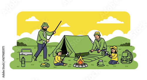 Family enjoying camping outdoors and roasting marshmallows next to a campfire