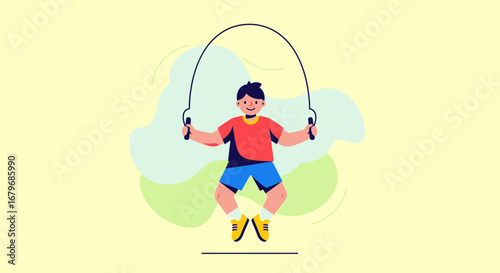 Energetic Boy Jumping Rope Exercising and Having Fun in Cartoonish Style