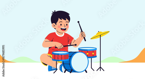 Energetic Boy Playing Drums with Joyful Expression in Colorful Flat Vector Illustration
