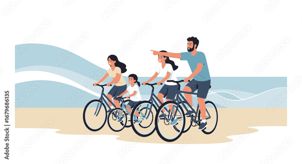 Fototapeta premium Family enjoys a bike ride together on the beach, vector illustration in flat style