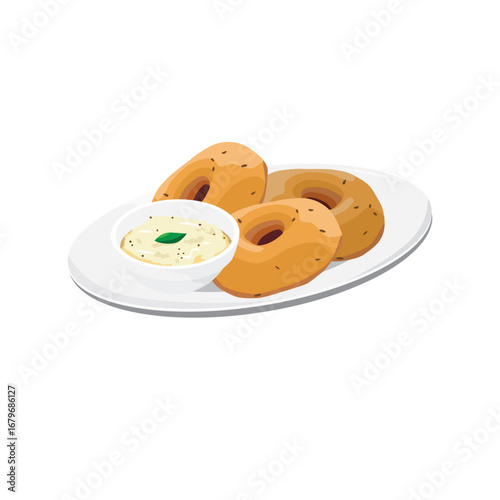 Vector Illustration of Indian Snack, Vada or Vadai with chutney on plate