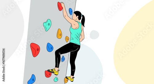 Energetic Climber Ascends Colorful Wall Demonstrating Physical Strength and Coordination