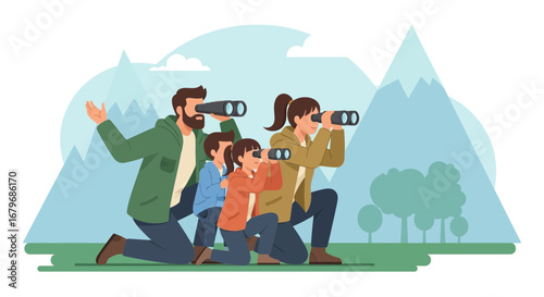 Family Exploring Nature With Binoculars And Enjoying Landscapes In The Mountains Scene Illustration