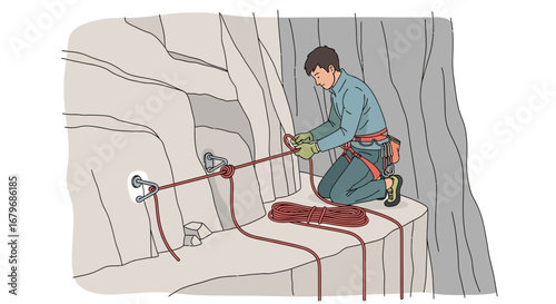 Energetic Climber Securing Rope, Focusing on Safety in Mountainous Terrain