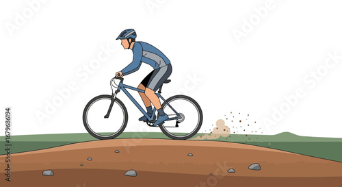 Energetic Cyclist Navigating Terrain on Mountain Bike and Creating Dust Trails During Exercise