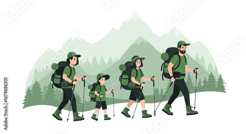 Family hiking through the mountains enjoying their vacation together in nature