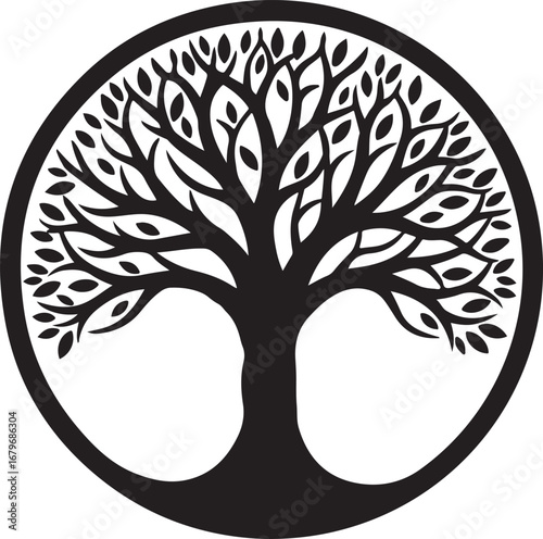 Black silhouette of a stylized tree of life within a circle symbol nature