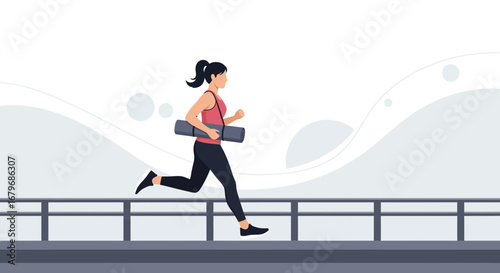 Energetic Female Runner With Yoga Mat, Healthy Lifestyle And Outdoor Workout Concept