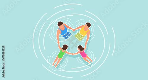 Family holding hands in the pool having fun, concept of summer vacation and joy