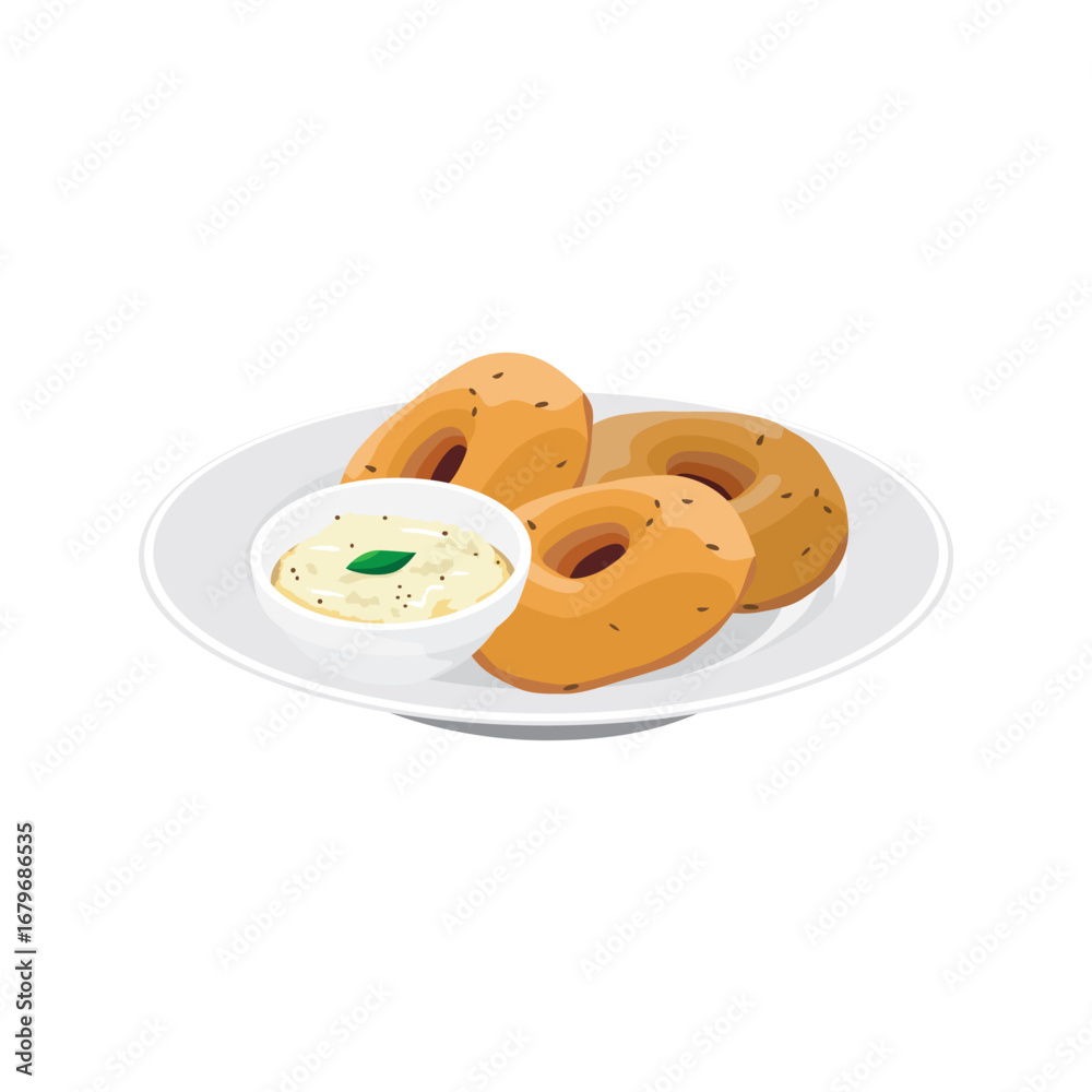 Obraz premium Vector Illustration of Indian Snack, Vada or Vadai with chutney on plate