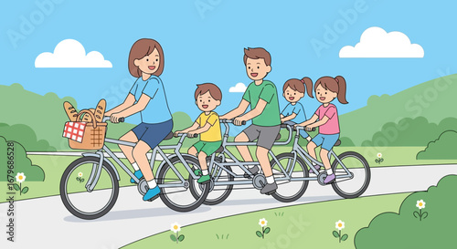 Family's Cycling Adventure: A Joyful Ride Through Park on Tandem Bikes
