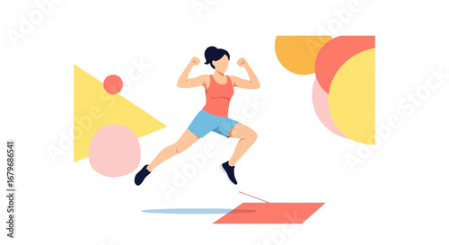 Energetic Illustration Of A Woman Performing Fitness Exercises Against Geometric Shapes