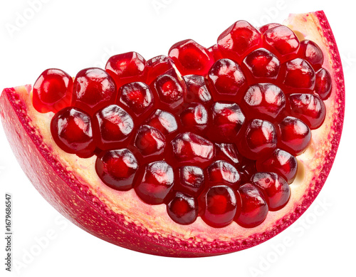 Angled Pomegranate Wedge with Shiny Seeds and Natural Shadows, Isolated White Background PNG