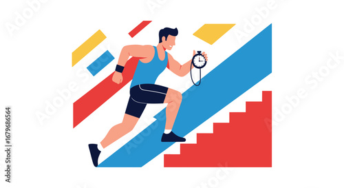 Energetic Individual Running Stopwatch Up Staircase In Modern, Vibrant, Minimalist Illustration