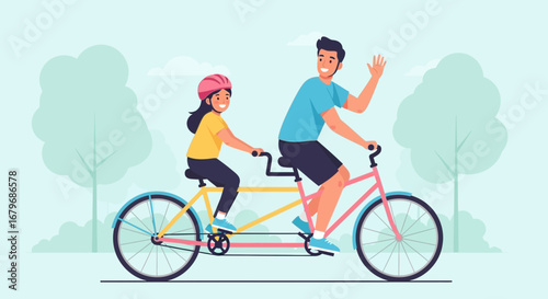 Father and daughter enjoying a tandem bike ride in a park on a sunny day