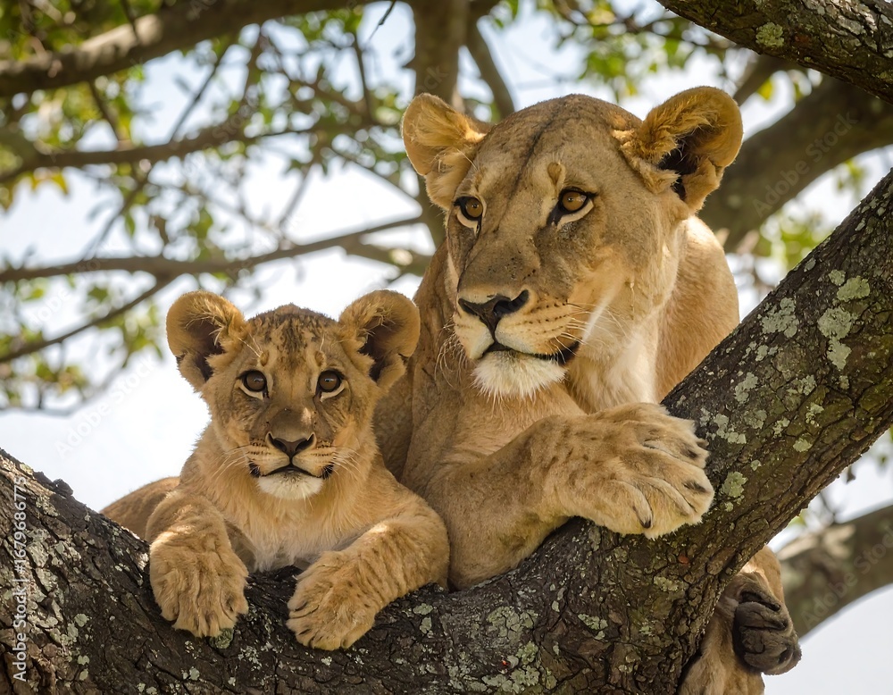 Obraz premium Lioness and cub in a tree