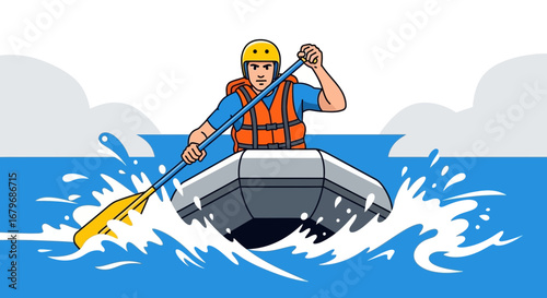 Energetic Rafter Navigating Thrilling Rapids in River Water with Paddle for Adventure