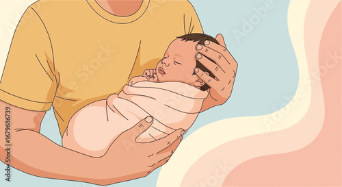 Father Holds Sweet Newborn Baby, Adoringly, Wrapped and Safely in Protective Embrace
