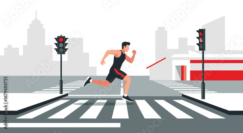 Energetic Runner Crosses Urban Zebra Crossing Amidst Red Traffic Signals and Cityscape