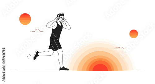 Energetic Runner Enjoying Music While Exercising Near The Sunset Outline Design