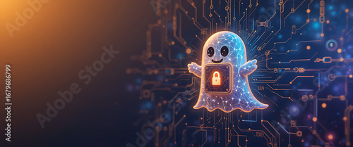 Abstract Halloween event theme data accessories theme cyber security system with digital 4d lock on the middle attached with block chain technology, 3 gradient perfec