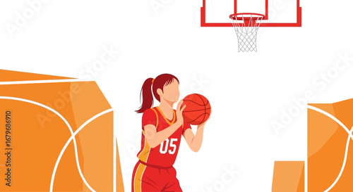 Female Basketball Player Aiming To Shoot, Ready For Sport Action, Court Concept