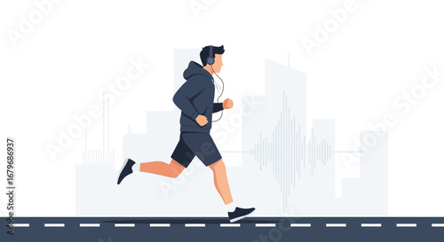 Energetic Runner Listening Music Exercising In The Morning With Cityscape In The Background