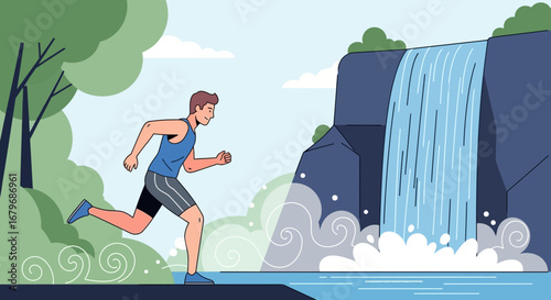 Energetic Runner near a Refreshing Waterfall Amidst Greenery in a Vector Illustration