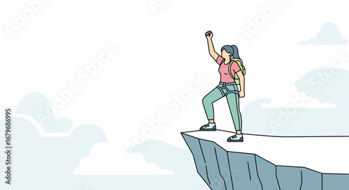 Female Climber Celebrates Ascent, Standing Victorious atop Cliff, Against Cloudy Sky Backdrop