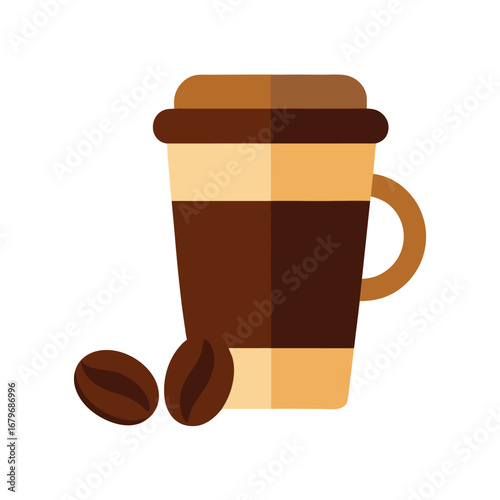 Flat Color Brown Coffee Cup with Two Beans Beside  
